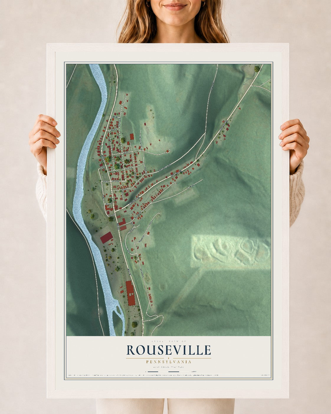 Map of Rouseville, Pennsylvania, 24 x 36 inch print in a white wood frame