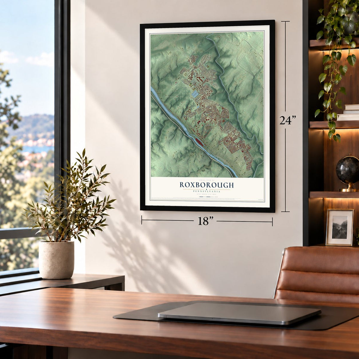 Roxborough, Pennsylvania map, 18 x 24 inch print in a black frame in a home office
