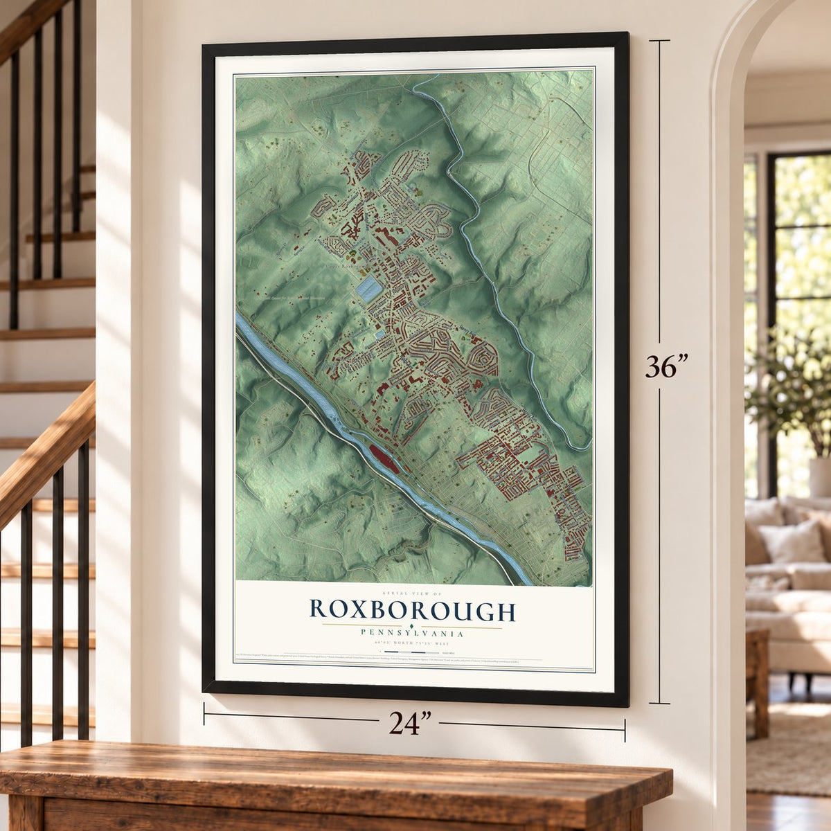 Roxborough, Pennsylvania map, 24 x 36 inch print in a black frame by a staircase