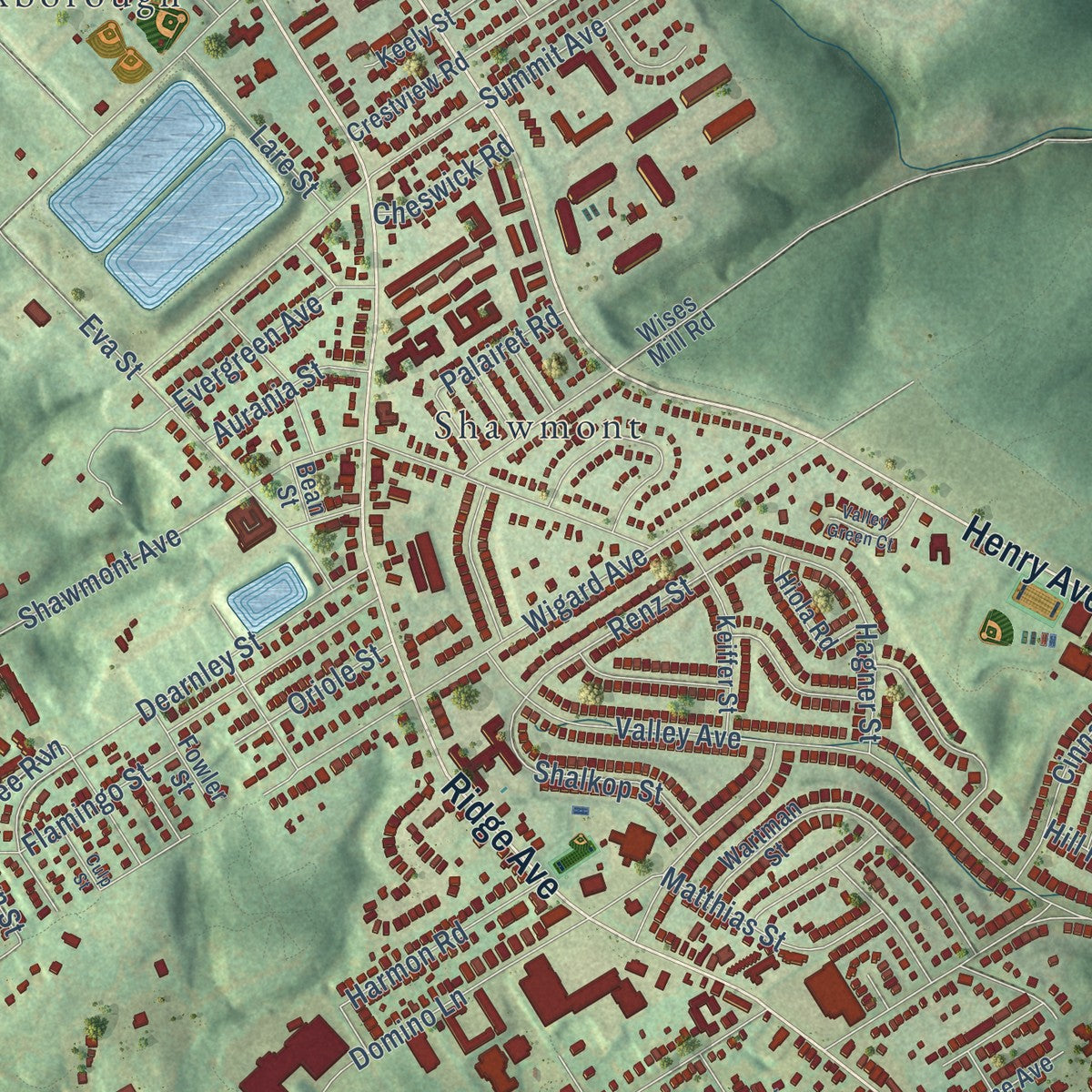 Close-up of the map of Roxborough, Pennsylvania print showing street and building detail