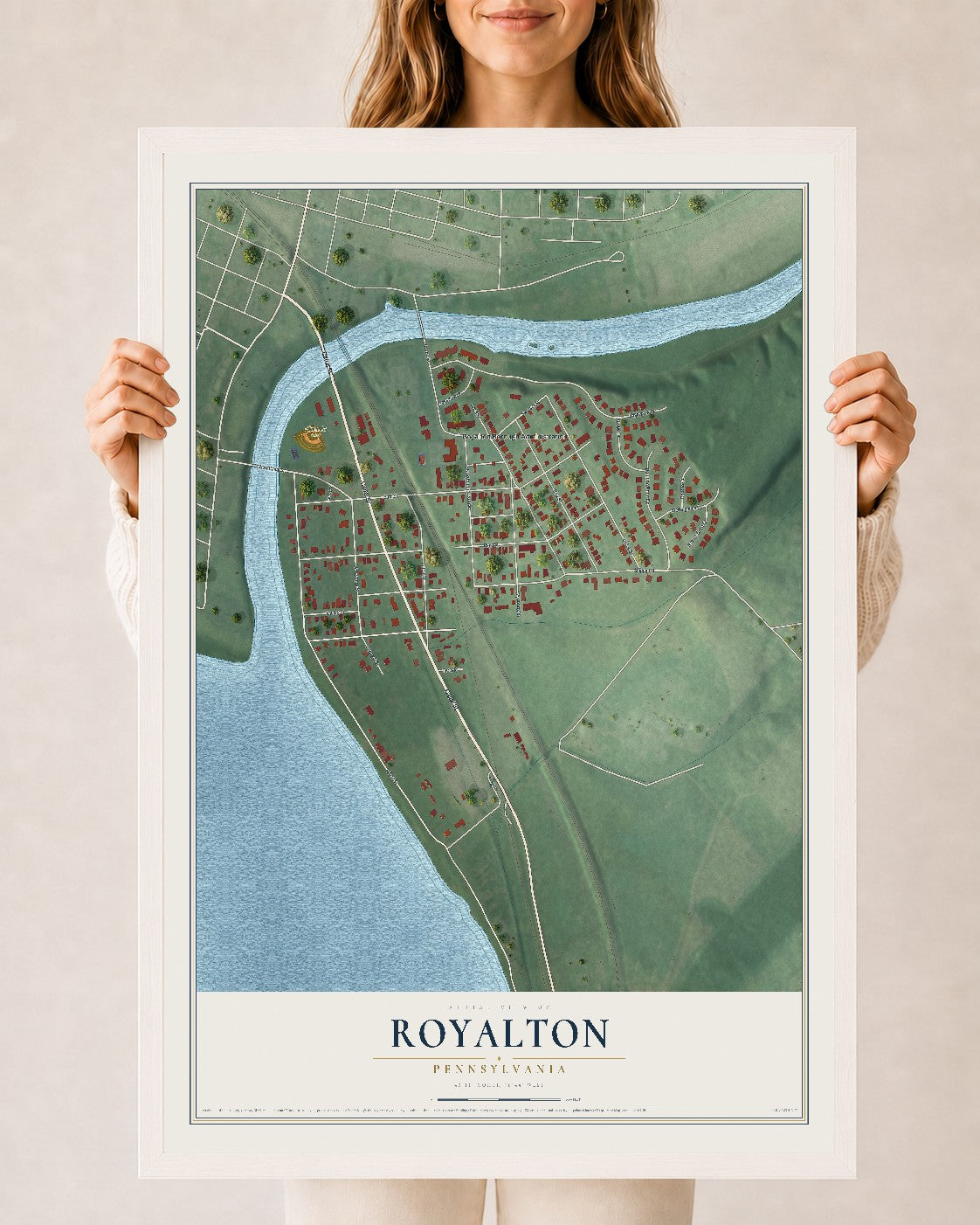 Map of Royalton, Pennsylvania, 24 x 36 inch print in a white wood frame
