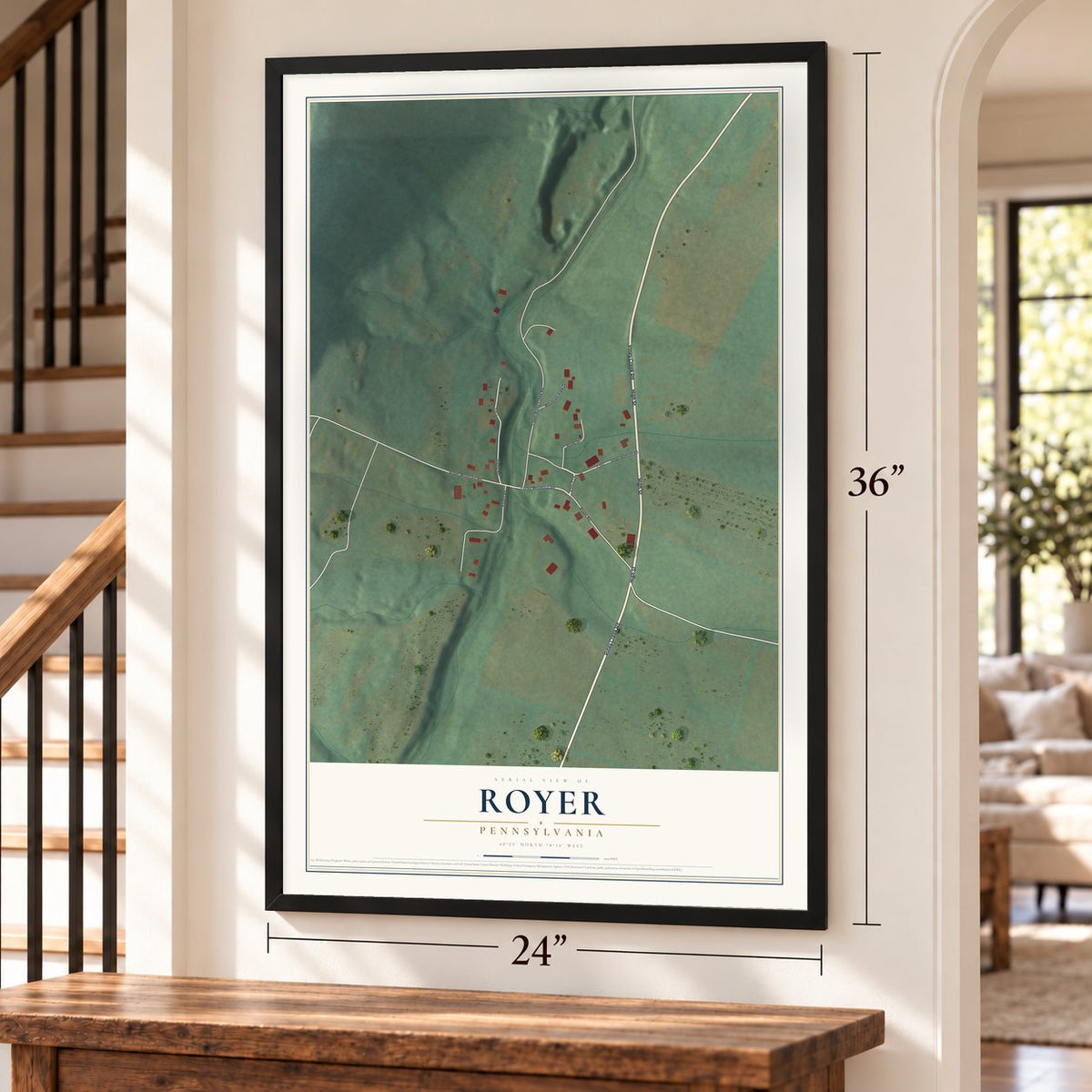 Royer, Pennsylvania map, 24 x 36 inch print in a black frame by a staircase