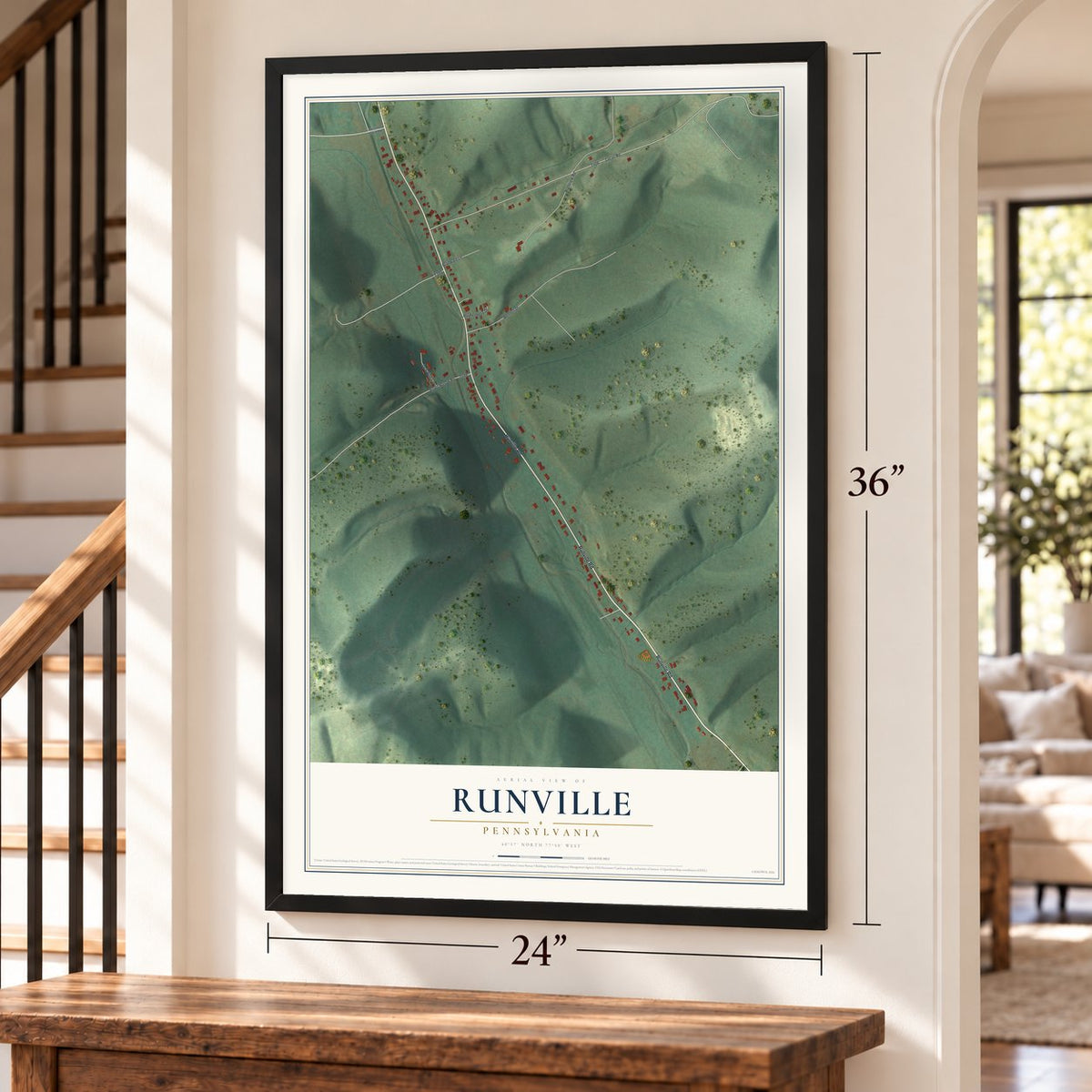 Runville, Pennsylvania map, 24 x 36 inch print in a black frame by a staircase