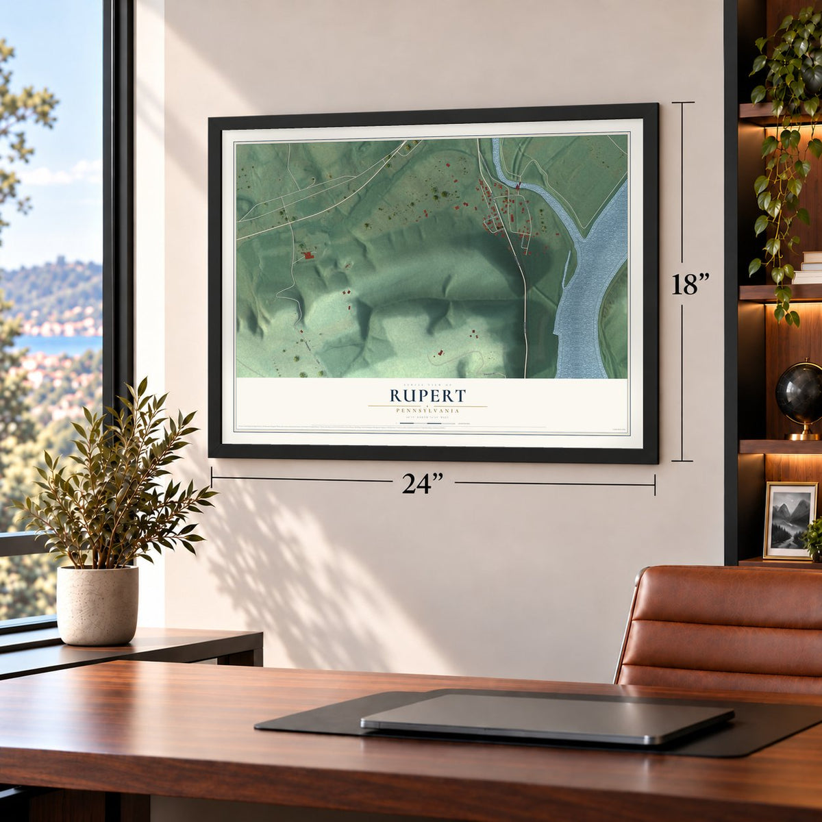 Rupert, Pennsylvania map, 18 x 24 inch print in a black frame in a home office