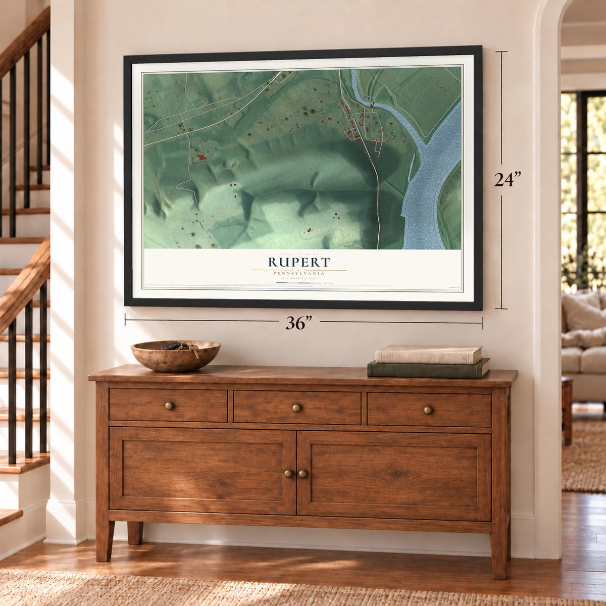Rupert, Pennsylvania map, 24 x 36 inch print in a black frame above a dresser by a staircase