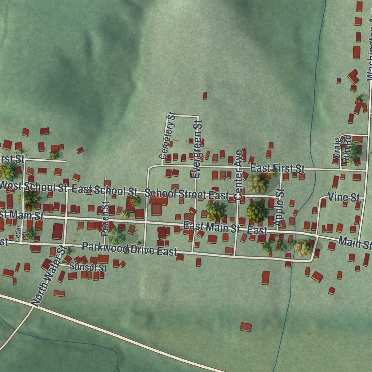Close-up of the map of Rural Valley, Pennsylvania print showing street and building detail