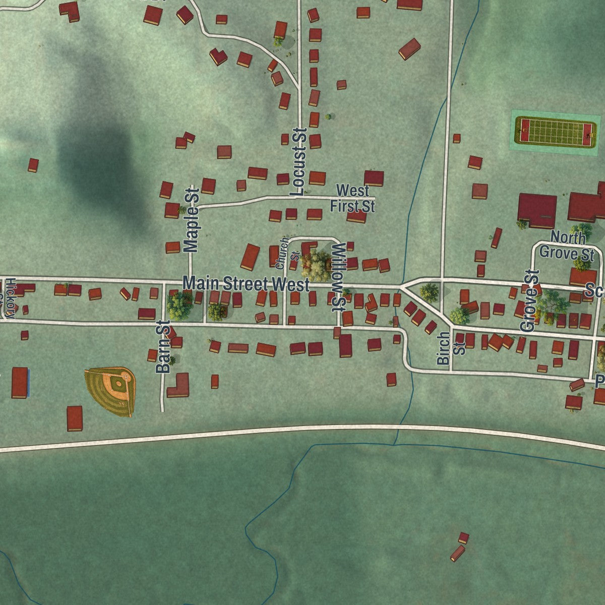 Second close-up of the map of Rural Valley, Pennsylvania print showing more streets and buildings