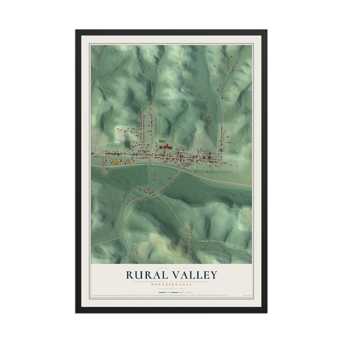 Map of Rural Valley, Pennsylvania, 12 x 18 inch print in a black wood frame