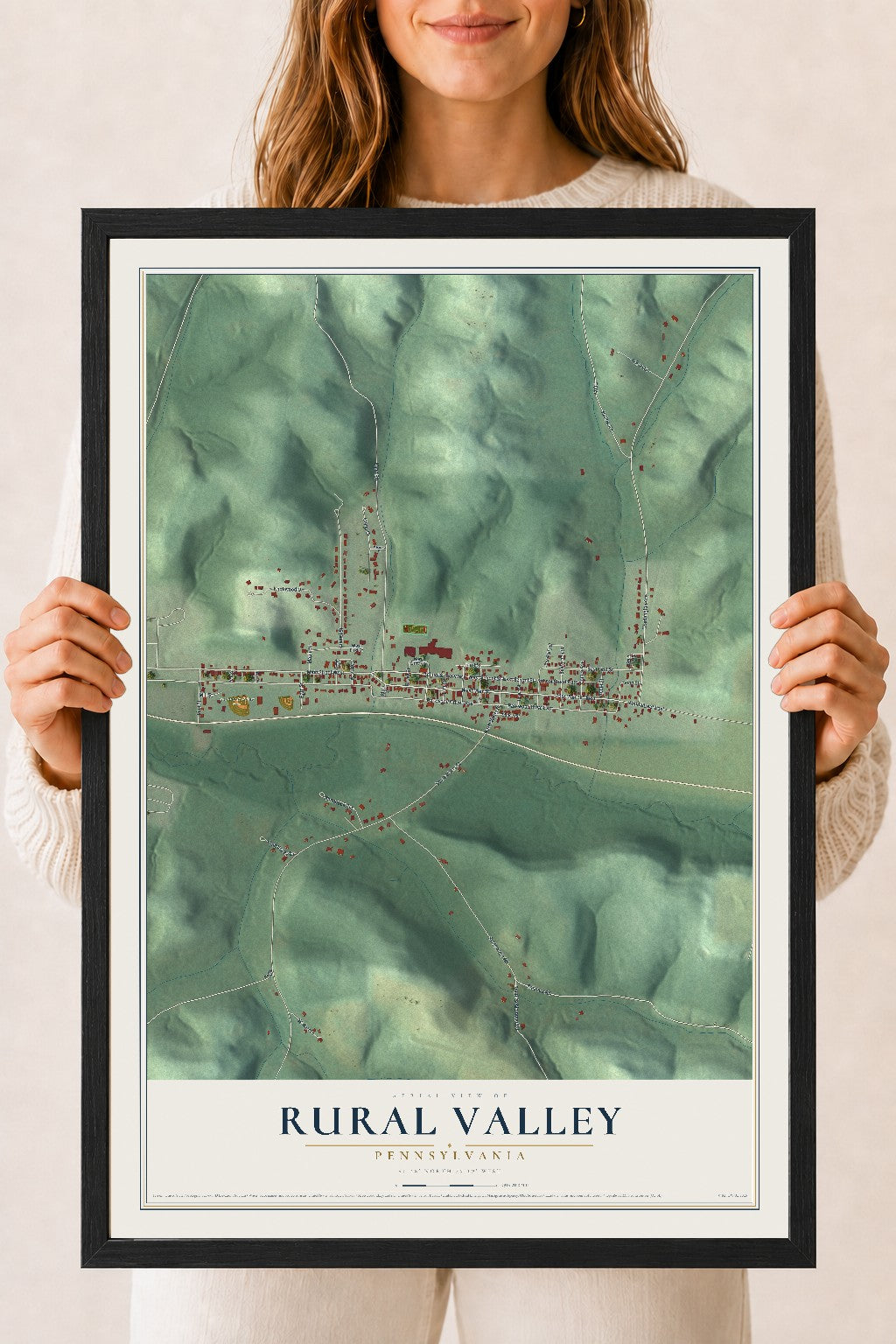 Map of Rural Valley, Pennsylvania, 18 x 24 inch print in a black wood frame