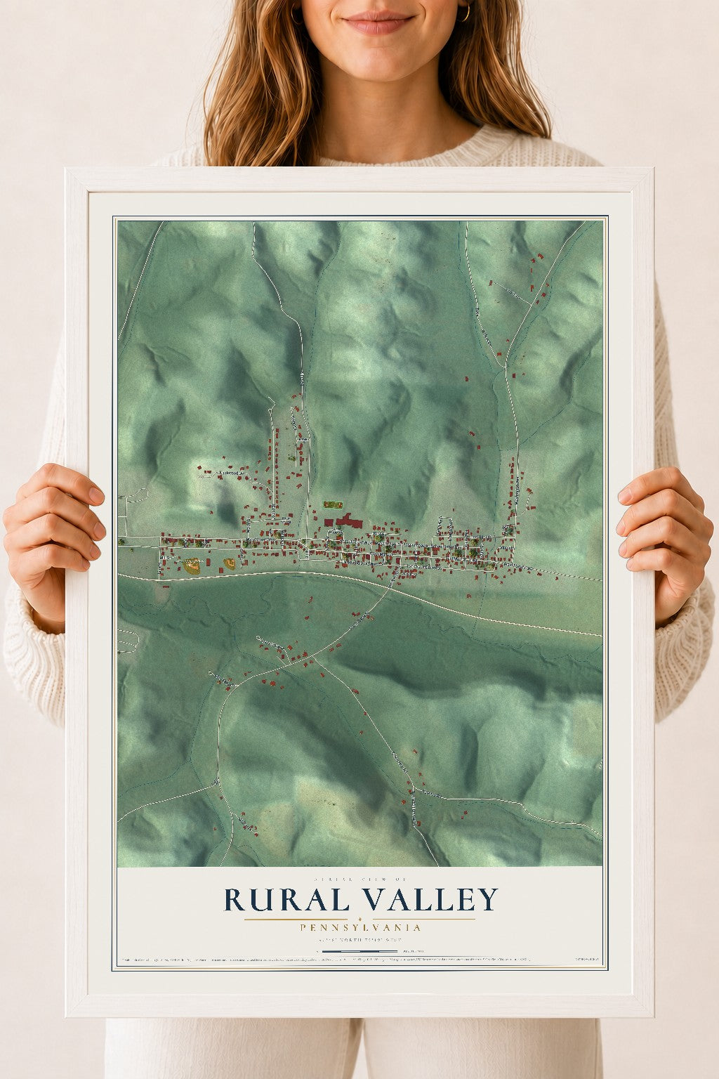 Map of Rural Valley, Pennsylvania, 18 x 24 inch print in a white wood frame