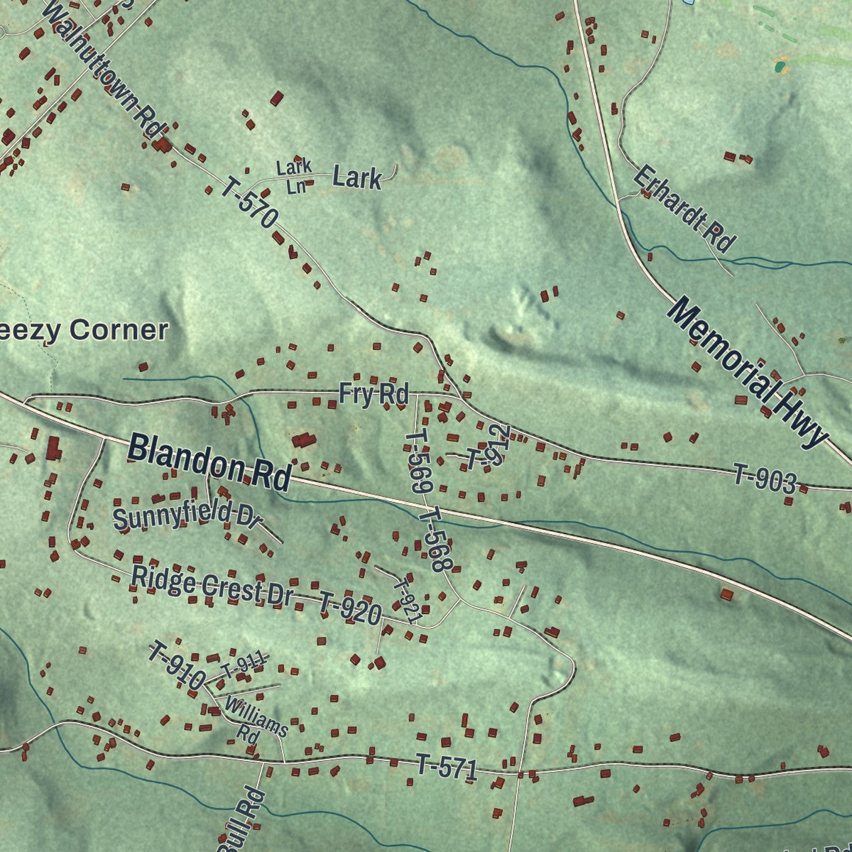 Close-up of the map of Ruscombmanor, Pennsylvania print showing street and building detail