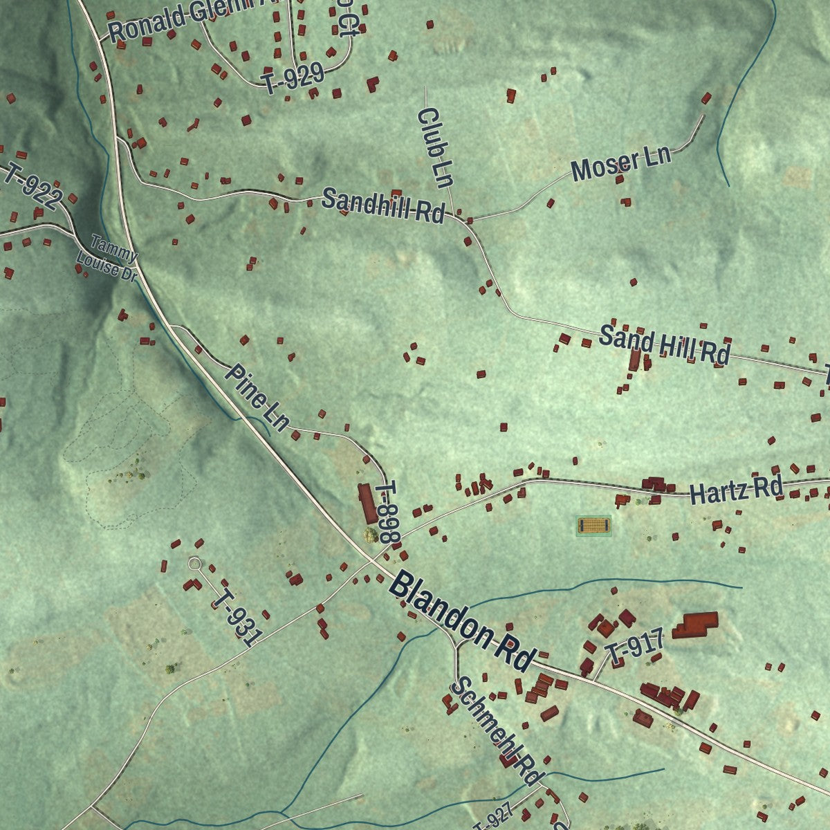 Second close-up of the map of Ruscombmanor, Pennsylvania print showing more streets and buildings