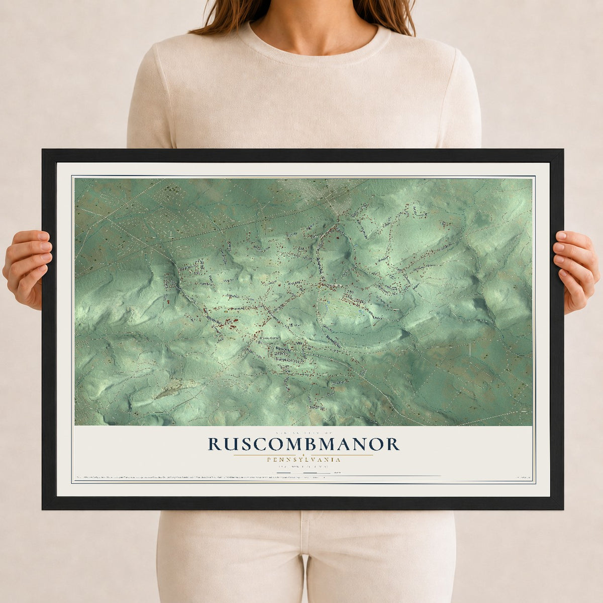 Map of Ruscombmanor, Pennsylvania, 12 x 18 inch print in a black wood frame