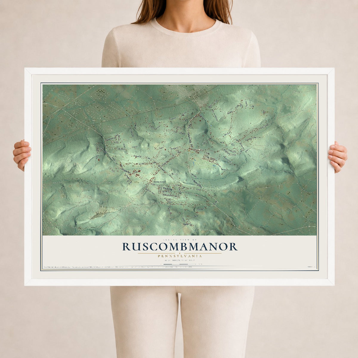 Map of Ruscombmanor, Pennsylvania, 24 x 36 inch print in a white wood frame
