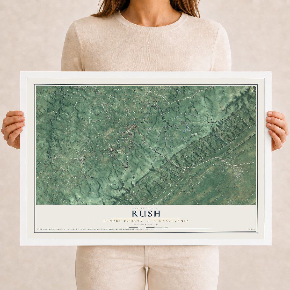 Map of Rush, Centre County, Pennsylvania, 12 x 18 inch print in a white wood frame