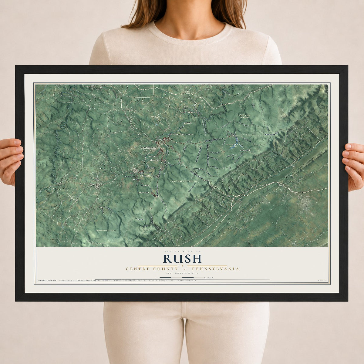 Map of Rush, Centre County, Pennsylvania, 18 x 24 inch print in a black wood frame