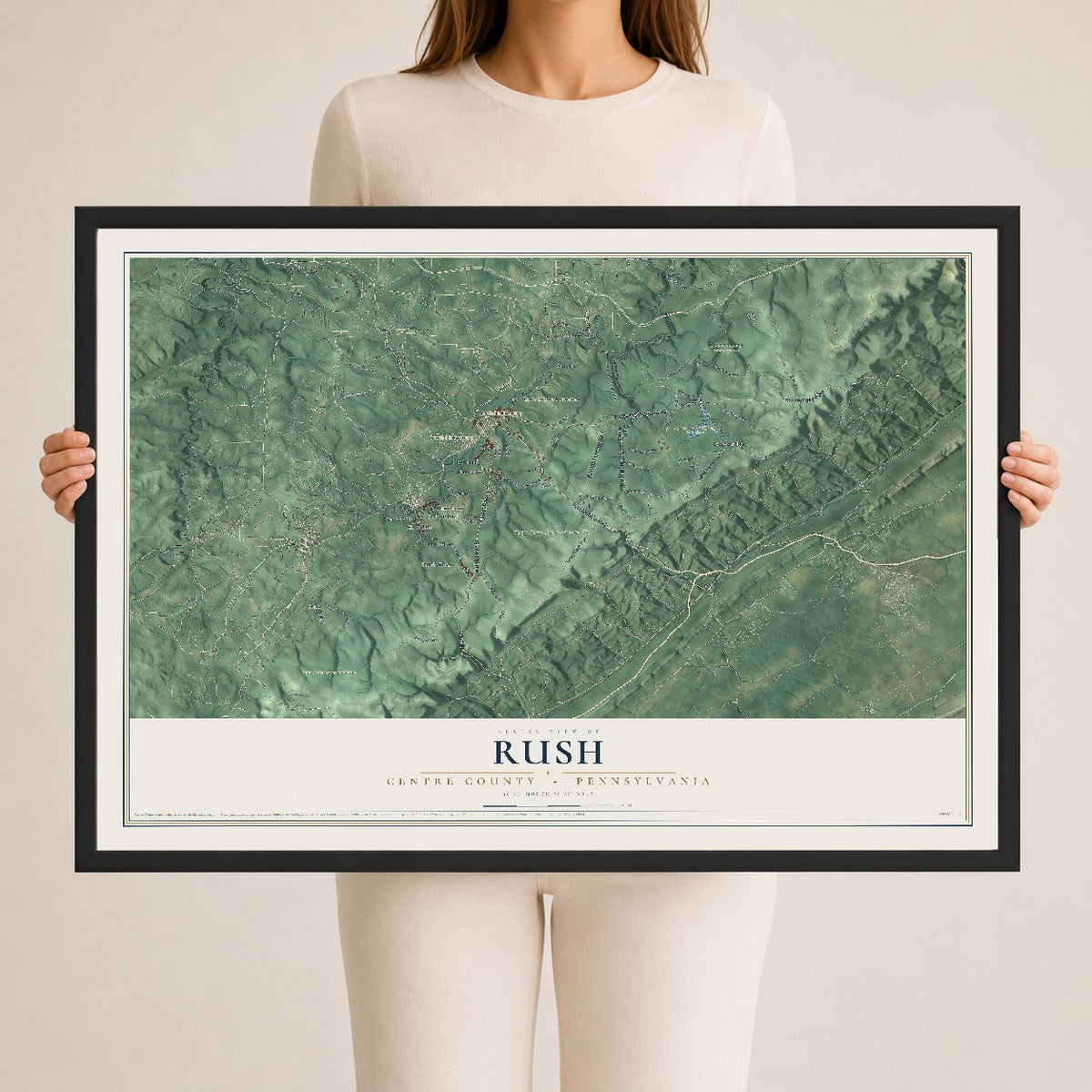Map of Rush, Centre County, Pennsylvania, 24 x 36 inch print in a black wood frame