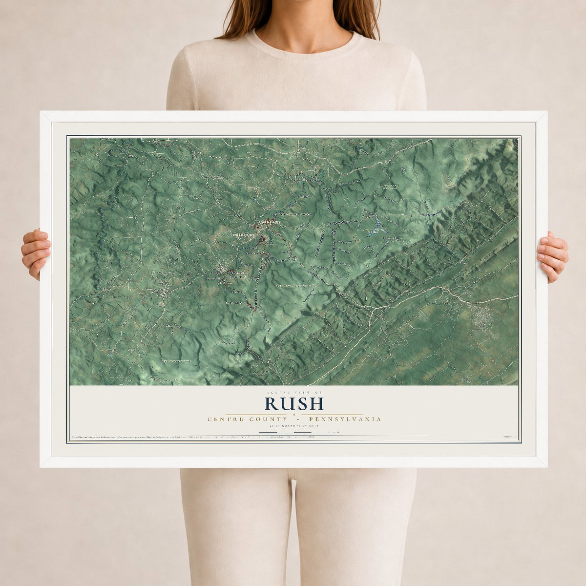 Map of Rush, Centre County, Pennsylvania, 24 x 36 inch print in a white wood frame