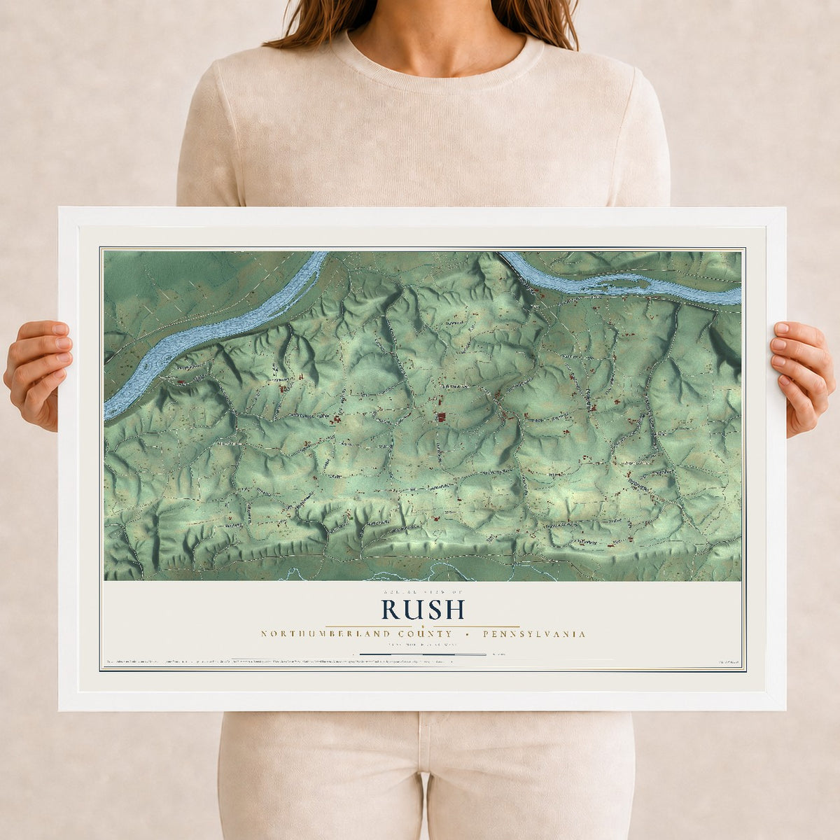 Map of Rush, Northumberland County, Pennsylvania, 12 x 18 inch print in a white wood frame