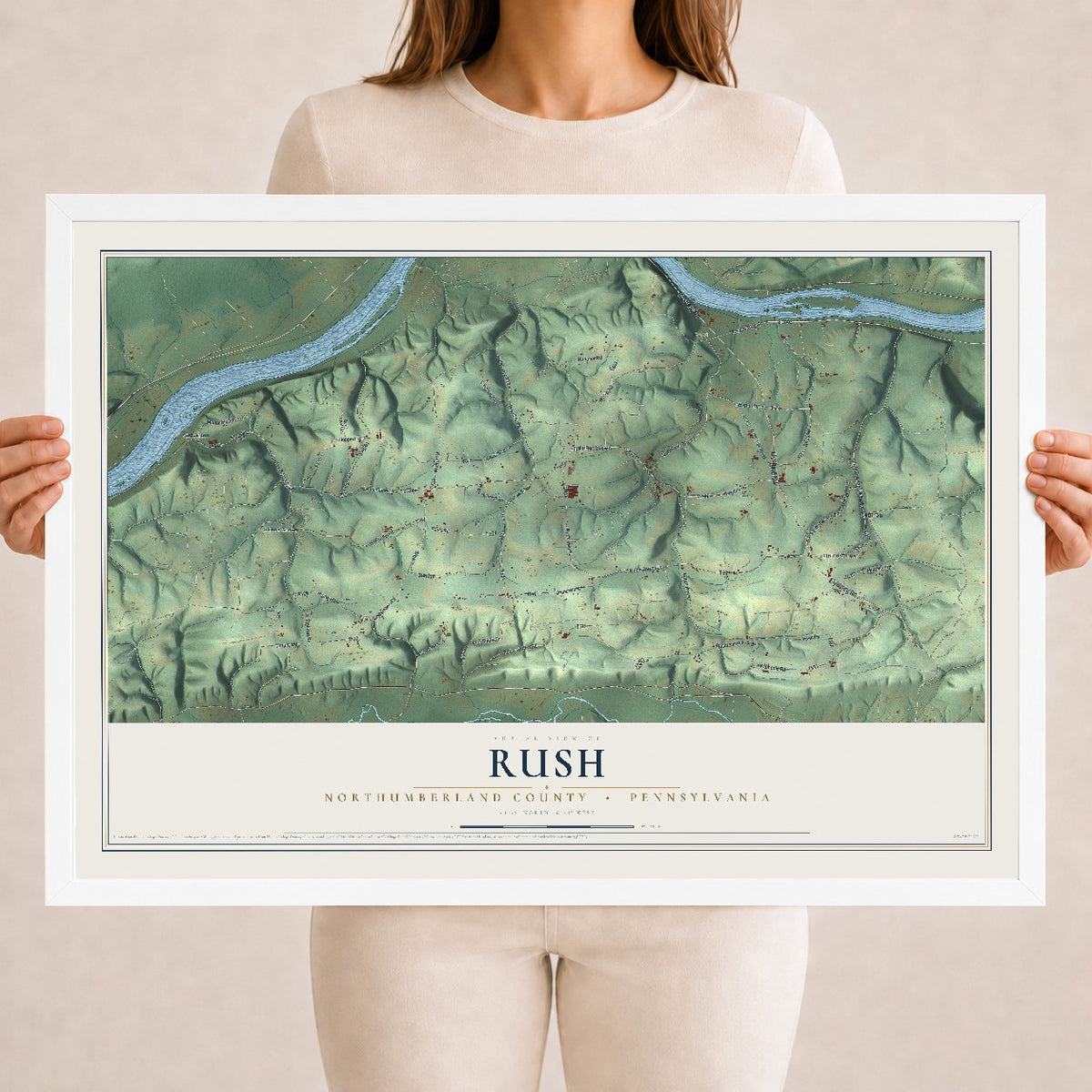 Map of Rush, Northumberland County, Pennsylvania, 18 x 24 inch print in a white wood frame