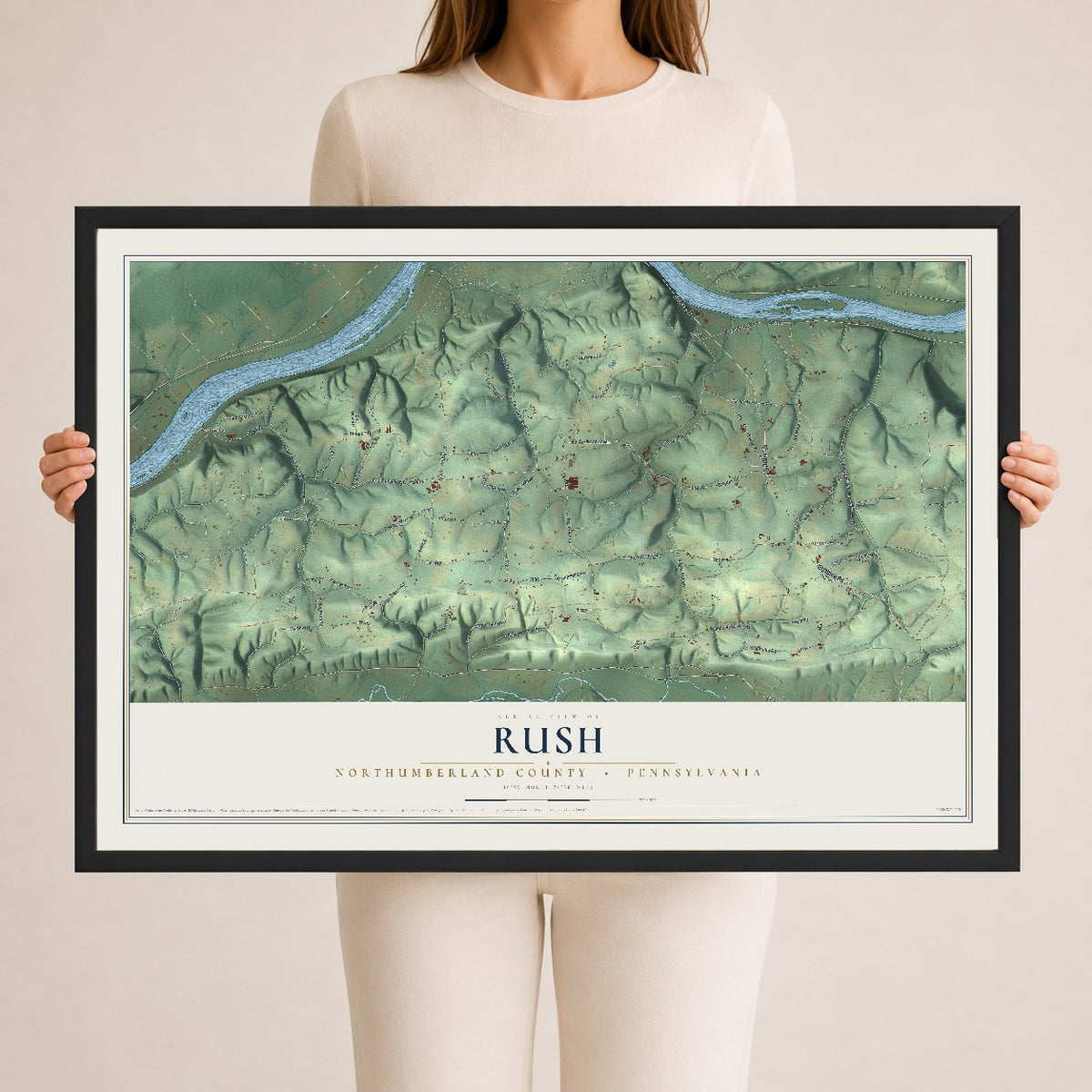 Map of Rush, Northumberland County, Pennsylvania, 24 x 36 inch print in a black wood frame