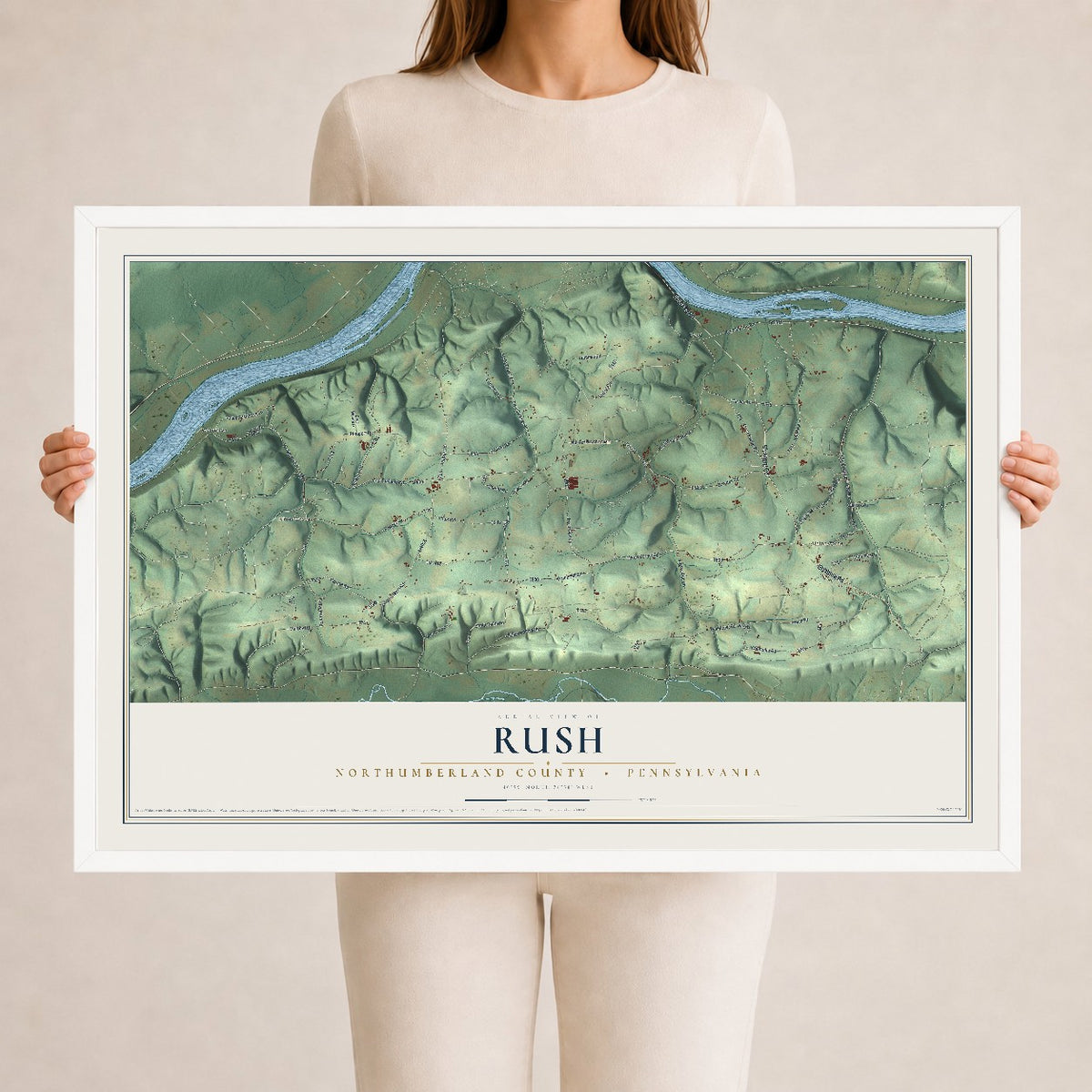 Map of Rush, Northumberland County, Pennsylvania, 24 x 36 inch print in a white wood frame