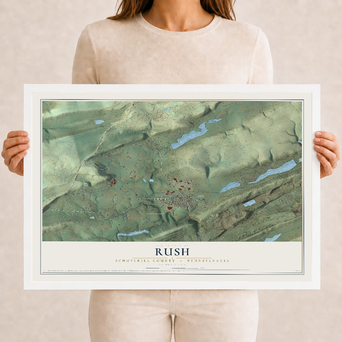 Map of Rush, Schuylkill County, Pennsylvania, 12 x 18 inch print in a white wood frame
