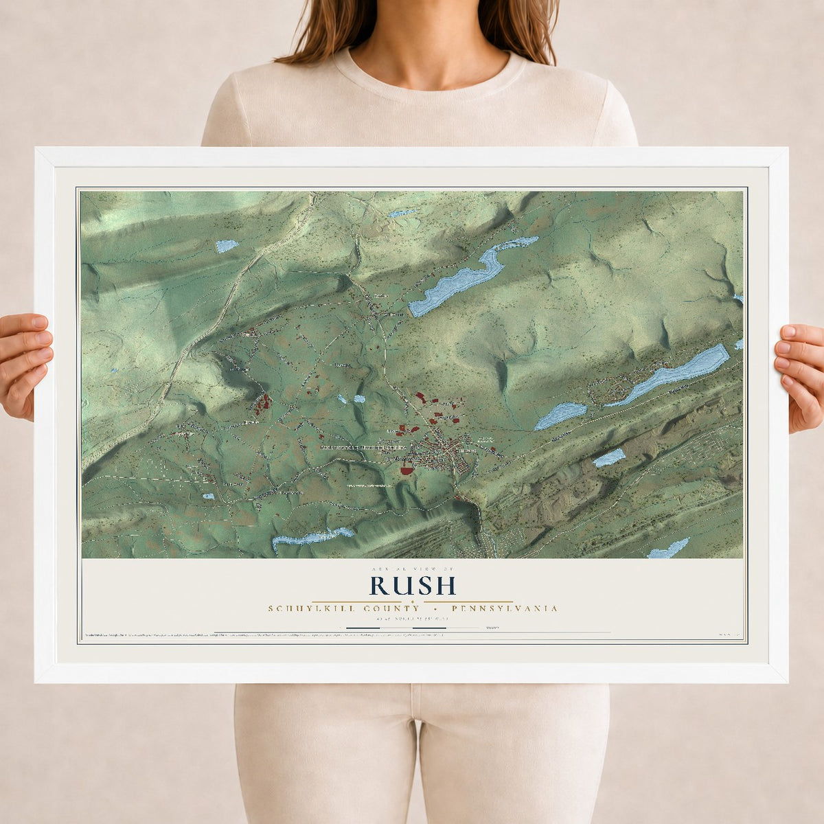 Map of Rush, Schuylkill County, Pennsylvania, 18 x 24 inch print in a white wood frame