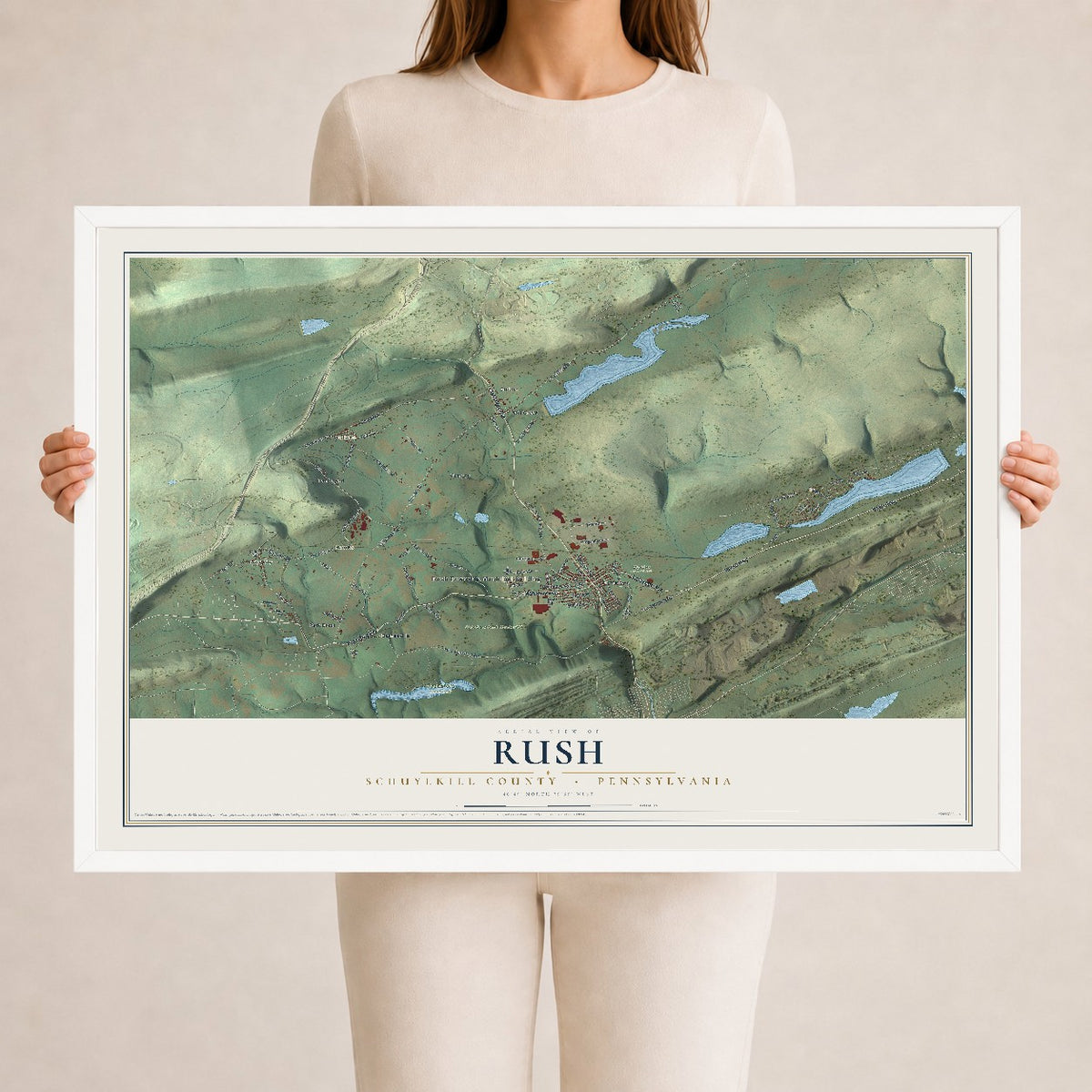 Map of Rush, Schuylkill County, Pennsylvania, 24 x 36 inch print in a white wood frame