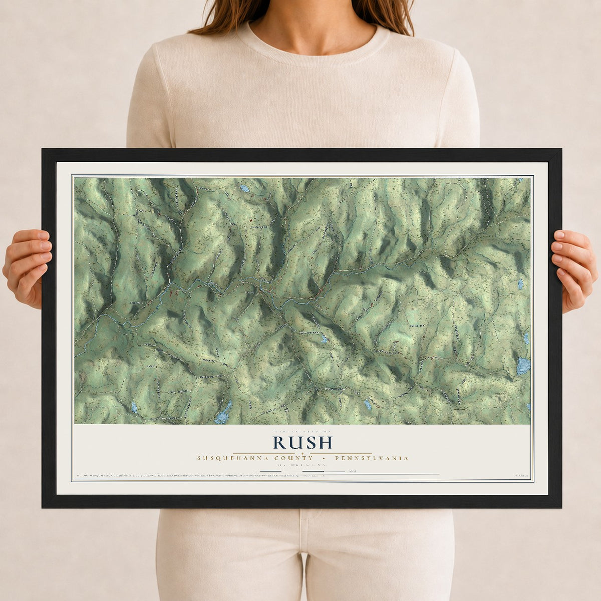 Map of Rush, Susquehanna County, Pennsylvania, 12 x 18 inch print in a black wood frame