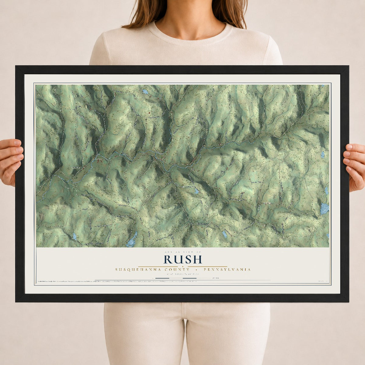Map of Rush, Susquehanna County, Pennsylvania, 18 x 24 inch print in a black wood frame