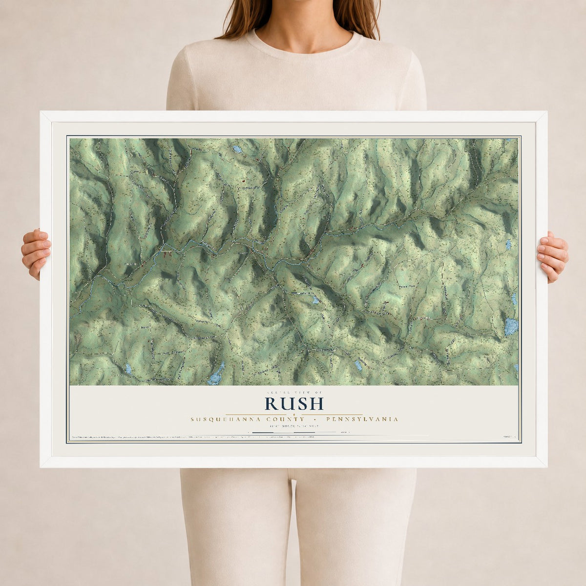 Map of Rush, Susquehanna County, Pennsylvania, 24 x 36 inch print in a white wood frame