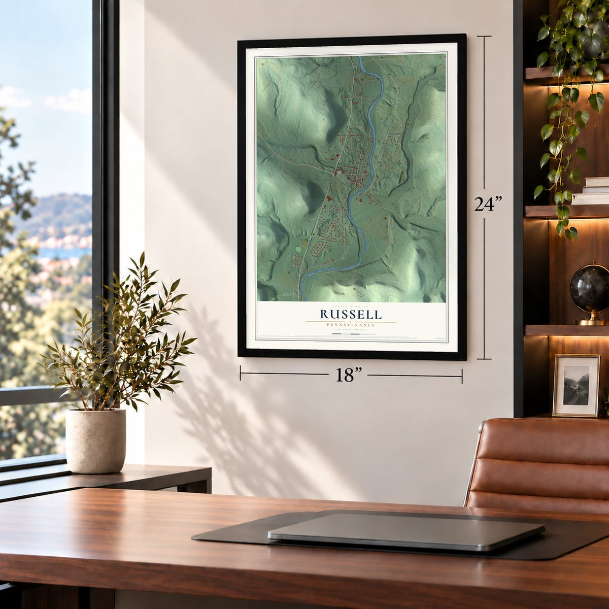 Russell, Pennsylvania map, 18 x 24 inch print in a black frame in a home office