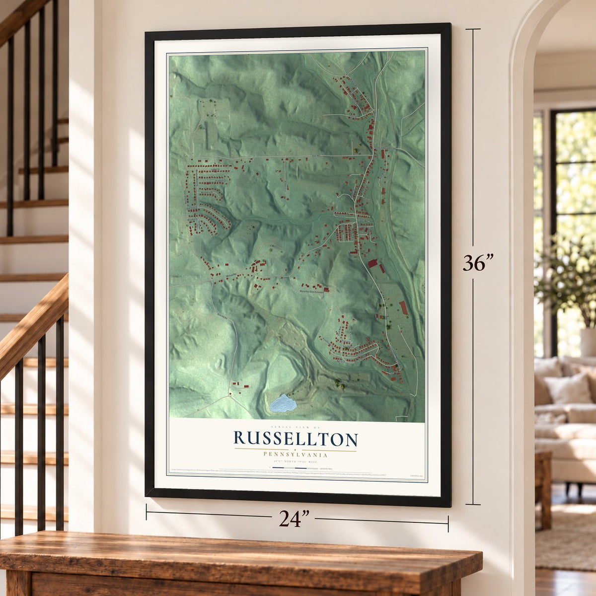 Russellton, Pennsylvania map, 24 x 36 inch print in a black frame by a staircase