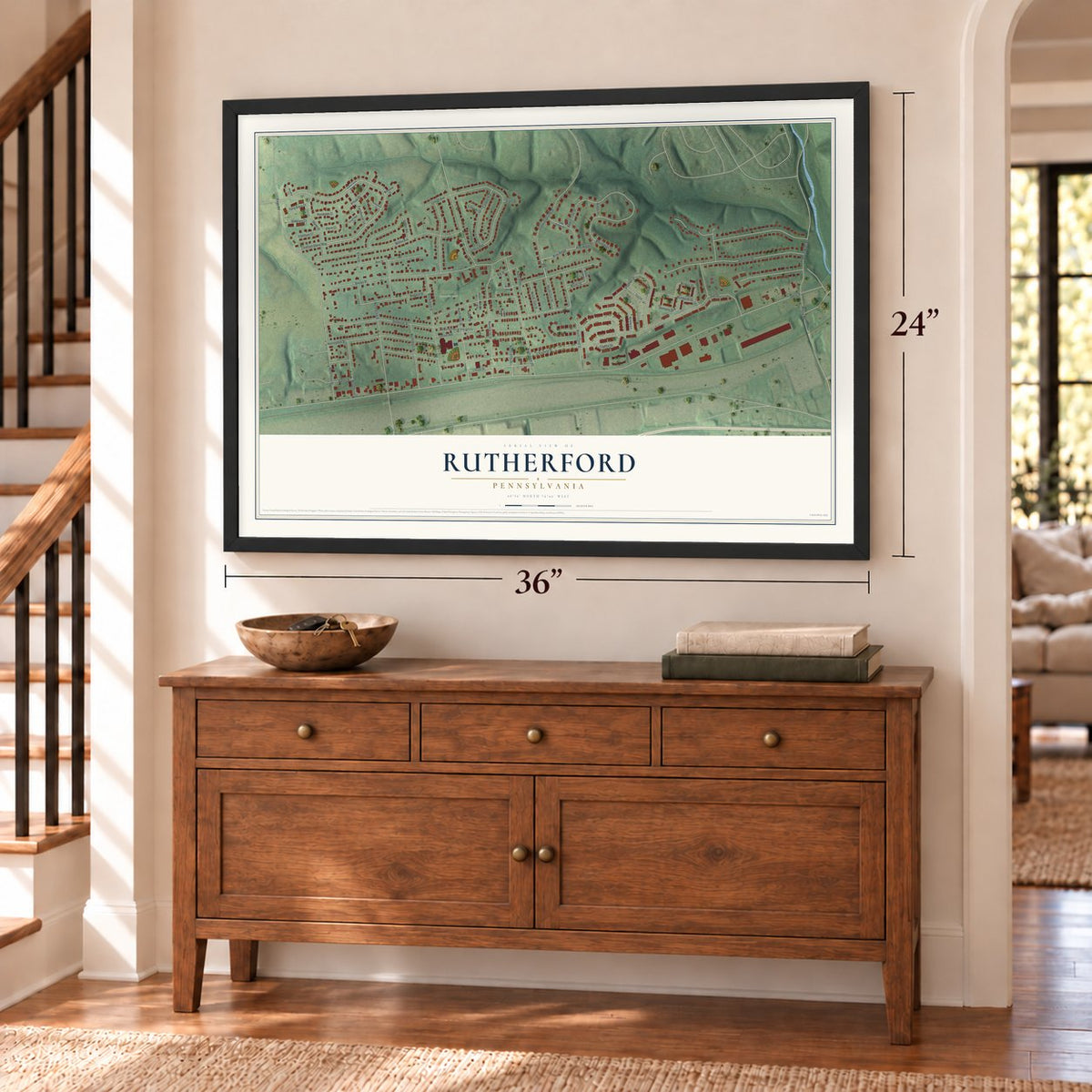 Rutherford, Pennsylvania map, 24 x 36 inch print in a black frame above a dresser by a staircase