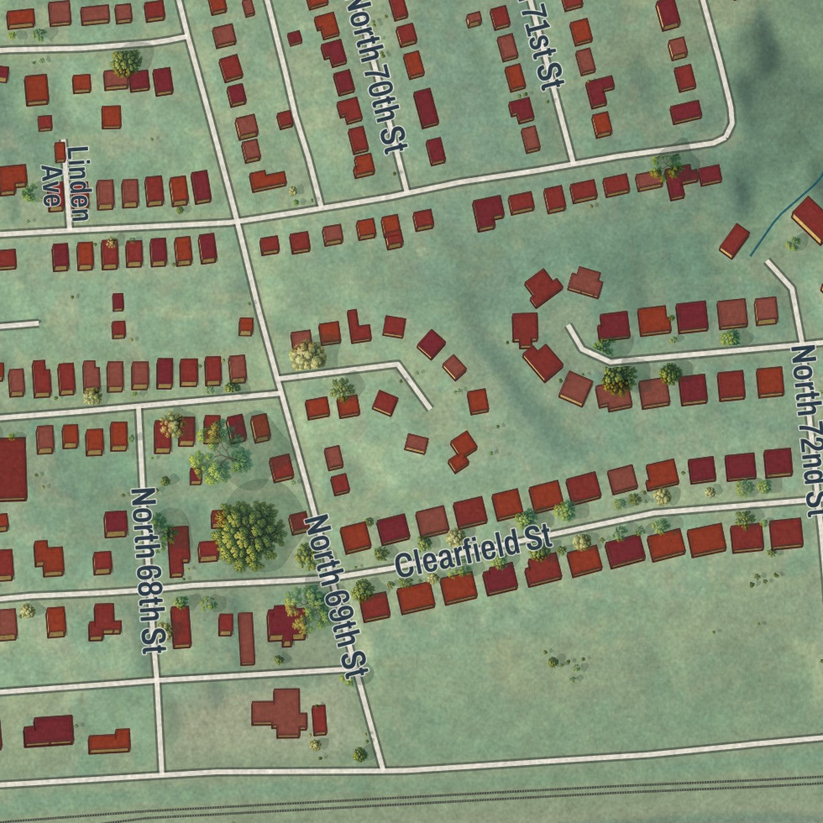 Close-up of the map of Rutherford, Pennsylvania print showing street and building detail