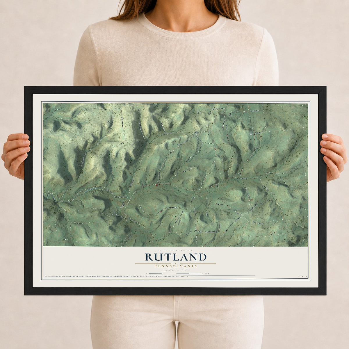 Map of Rutland, Pennsylvania, 12 x 18 inch print in a black wood frame