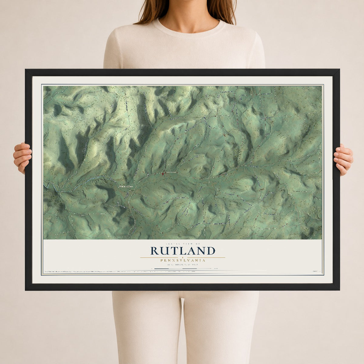 Map of Rutland, Pennsylvania, 24 x 36 inch print in a black wood frame