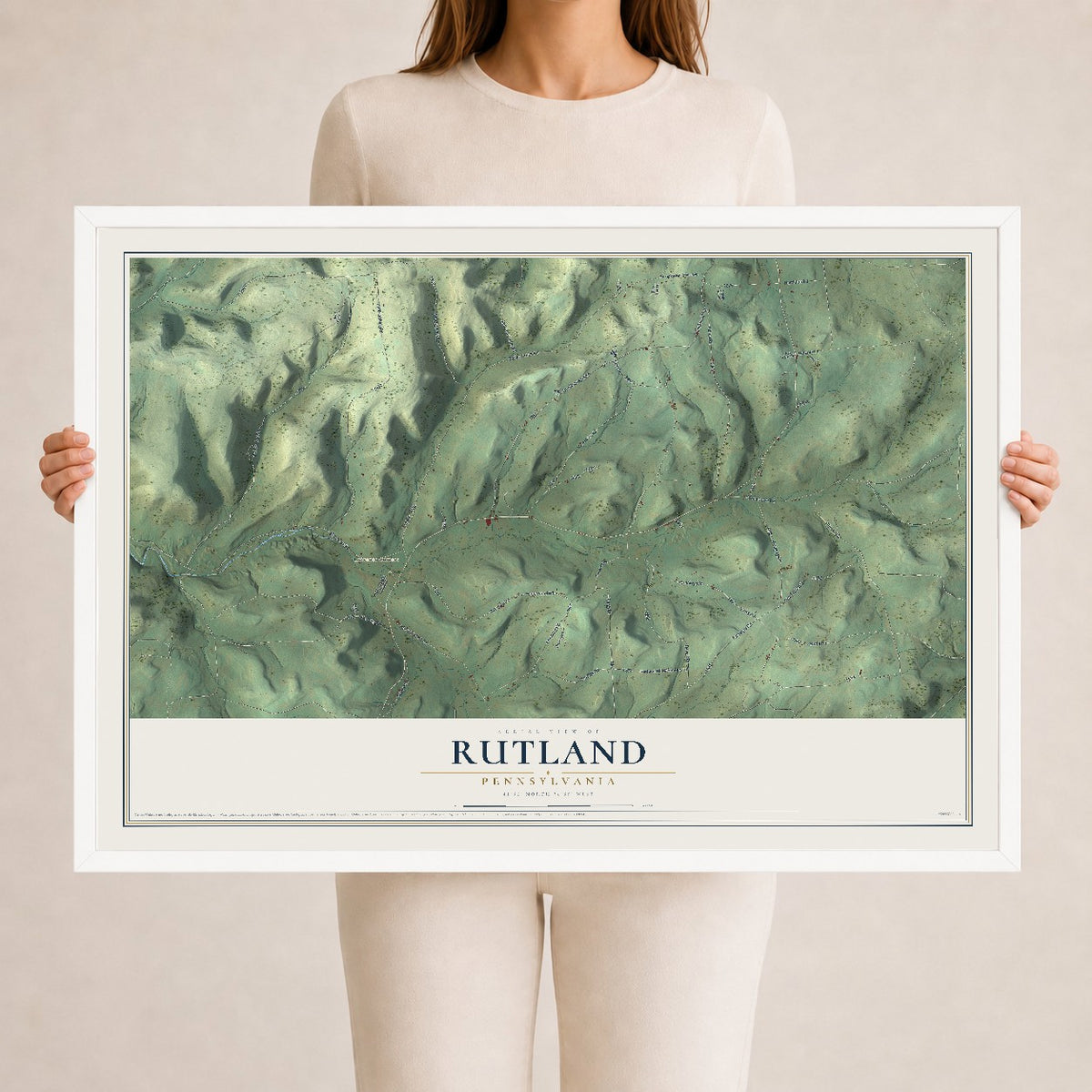 Map of Rutland, Pennsylvania, 24 x 36 inch print in a white wood frame
