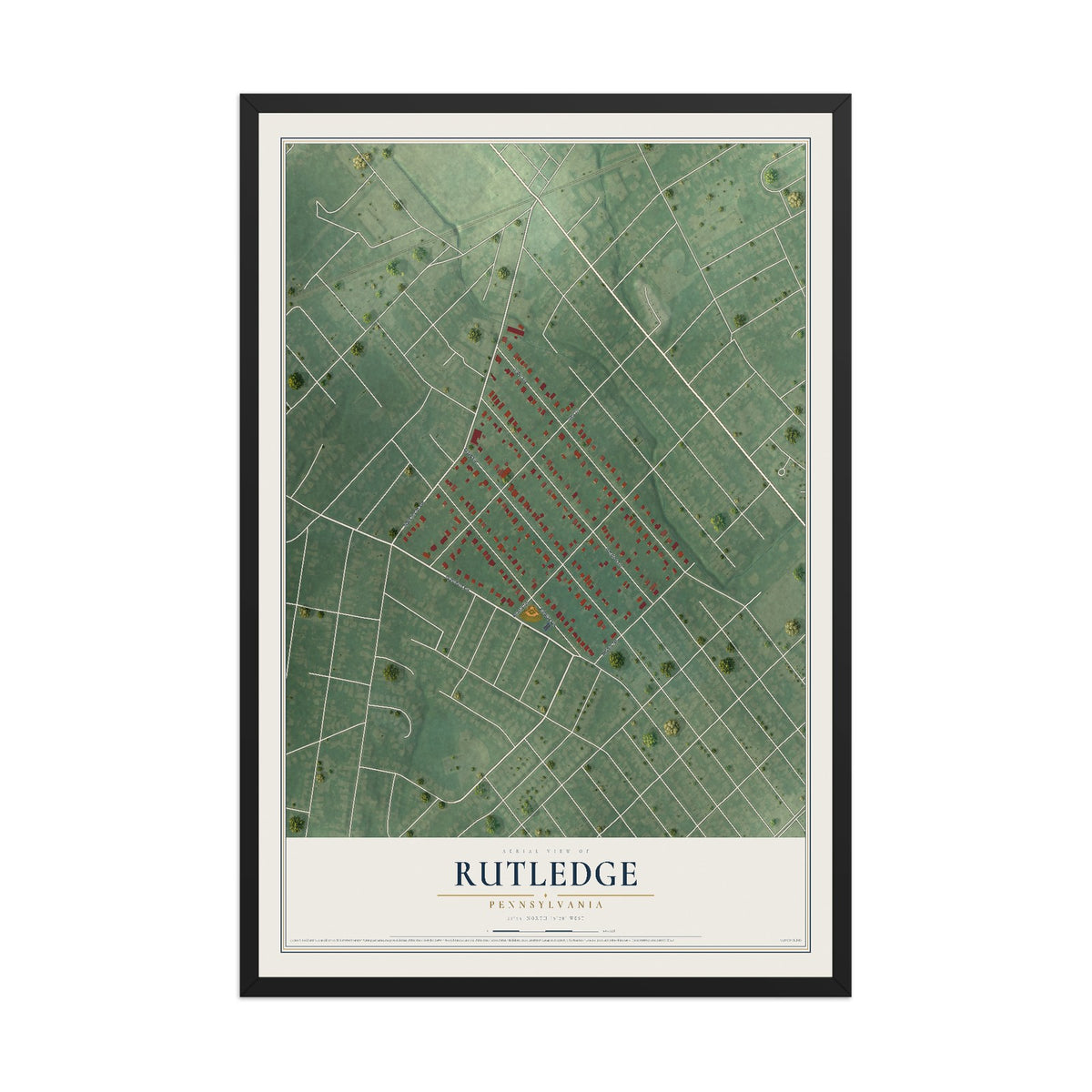 Map of Rutledge, Pennsylvania, 12 x 18 inch print in a black wood frame