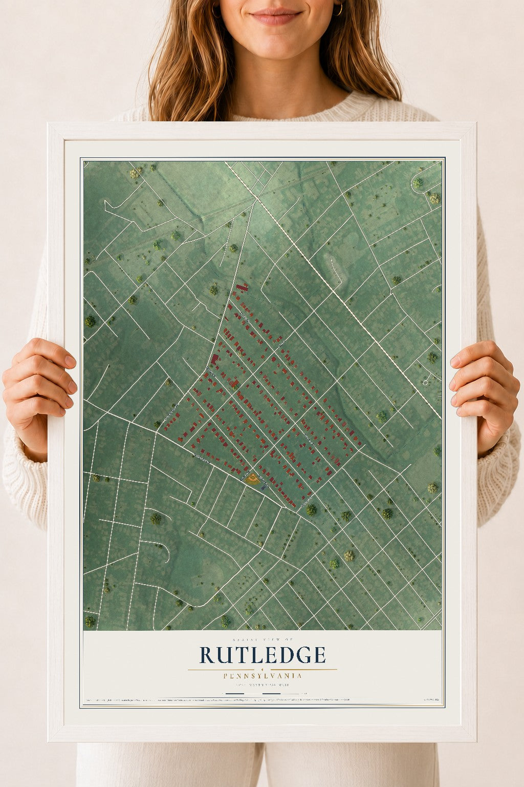 Map of Rutledge, Pennsylvania, 18 x 24 inch print in a white wood frame