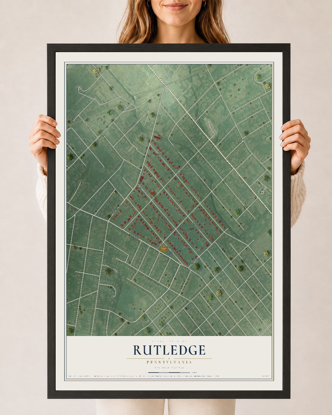 Map of Rutledge, Pennsylvania, 24 x 36 inch print in a black wood frame