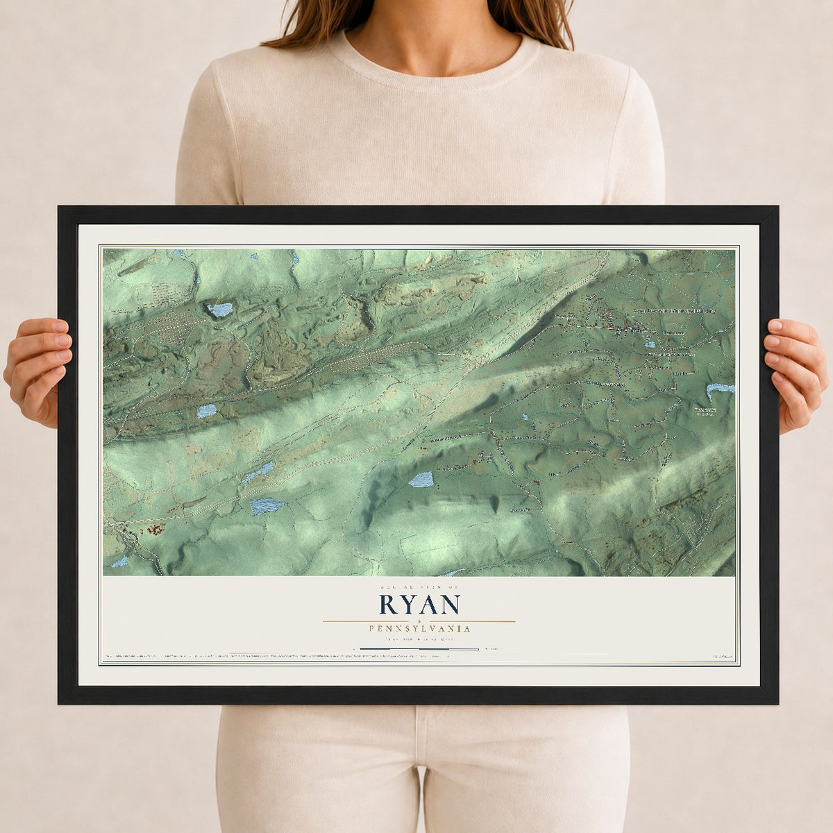 Map of Ryan, Pennsylvania, 12 x 18 inch print in a black wood frame