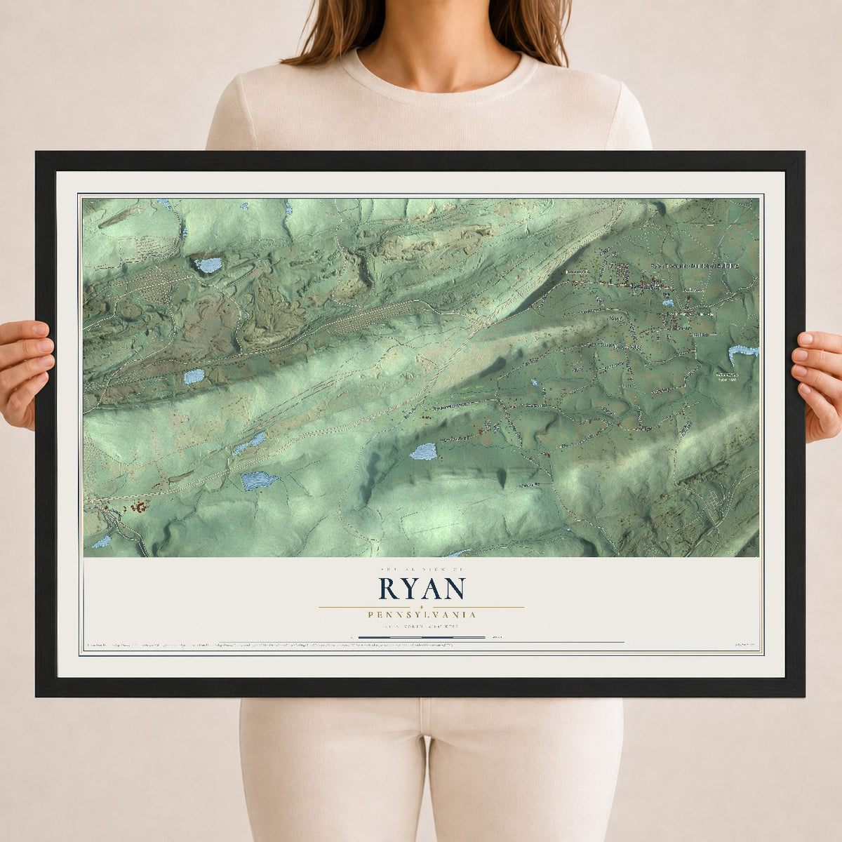 Map of Ryan, Pennsylvania, 18 x 24 inch print in a black wood frame