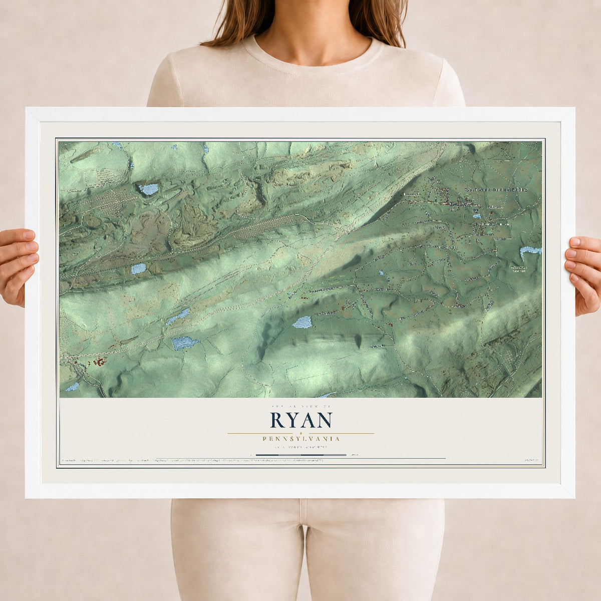 Map of Ryan, Pennsylvania, 18 x 24 inch print in a white wood frame
