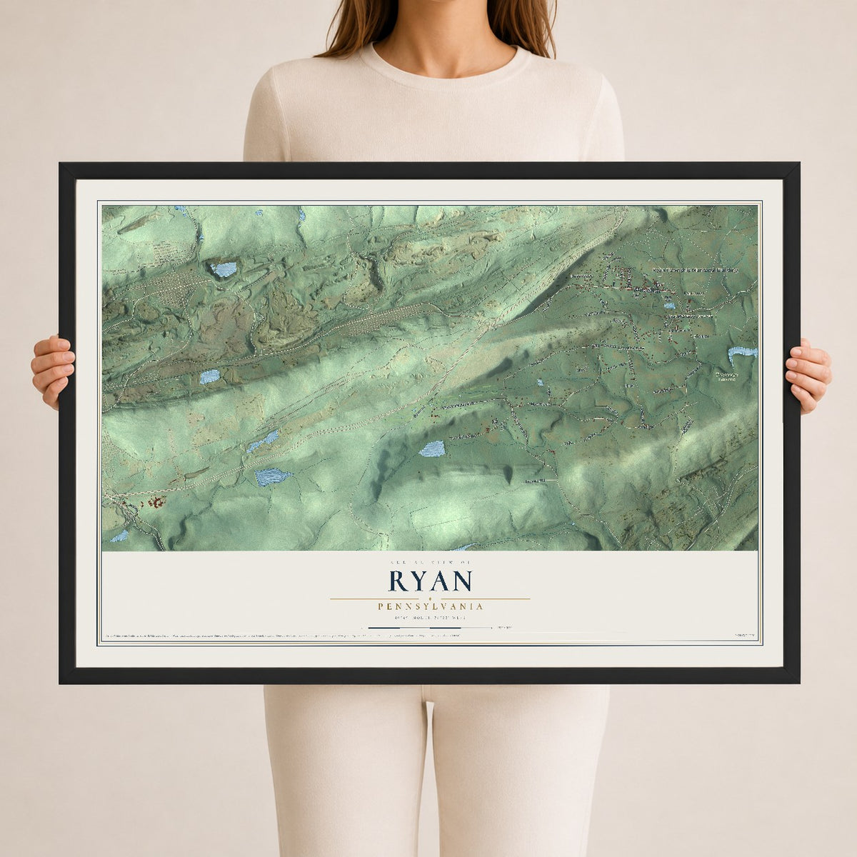 Map of Ryan, Pennsylvania, 24 x 36 inch print in a black wood frame