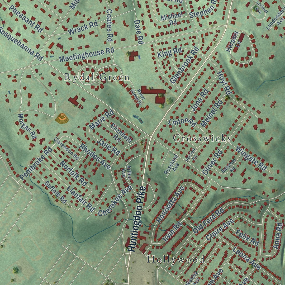 Close-up of the map of Rydal, Pennsylvania print showing street and building detail