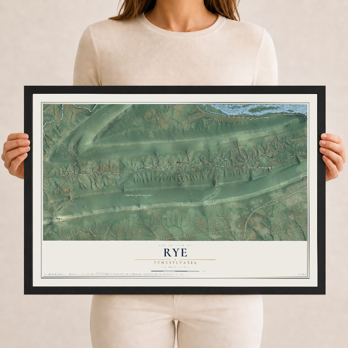 Map of Rye, Pennsylvania, 12 x 18 inch print in a black wood frame