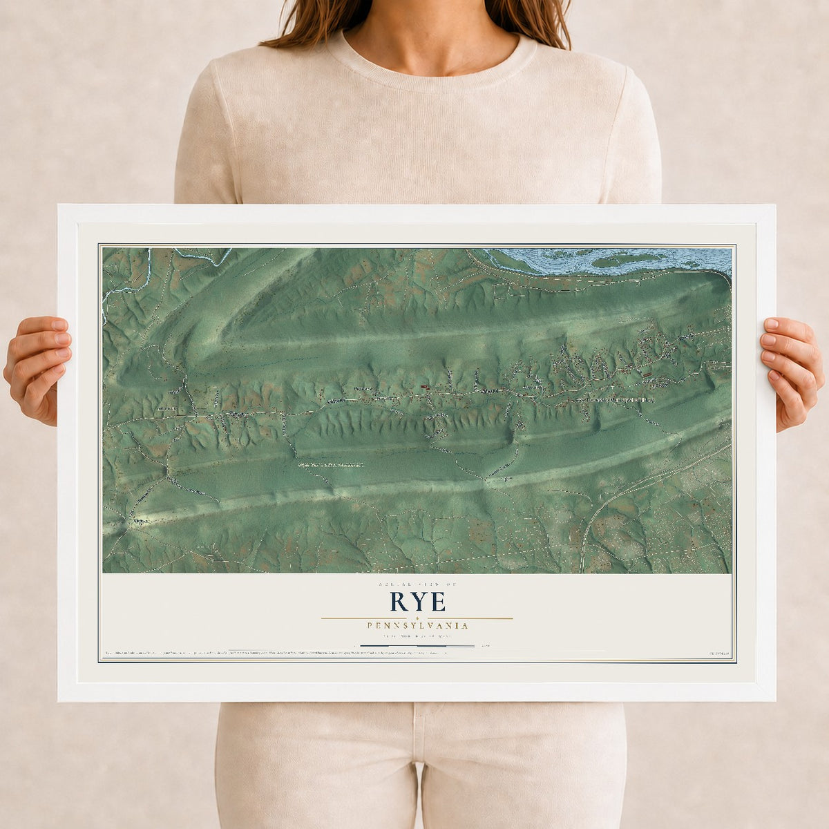 Map of Rye, Pennsylvania, 12 x 18 inch print in a white wood frame