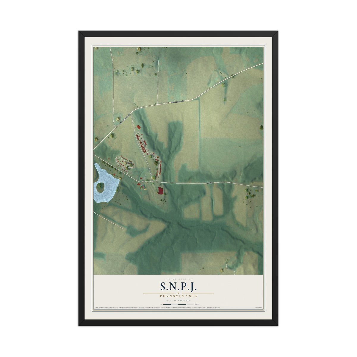 Map of S.N.P.J., Pennsylvania, 12 x 18 inch print in a black wood frame